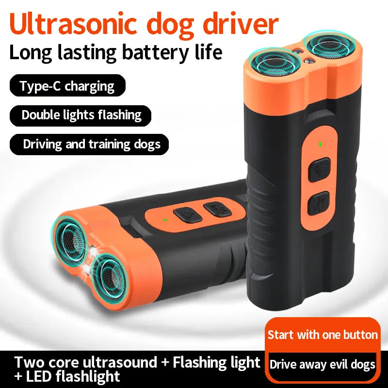 Dog Barking Deterrent Rechargeable, Anti-Barking Tool for Dogs, Ultrasonic Dual Emitter 50Ft Security Correction Tool Control Dog Barking 25Khz, Trainer Barking Silencer Indoor and Outdoor with Flashlight
