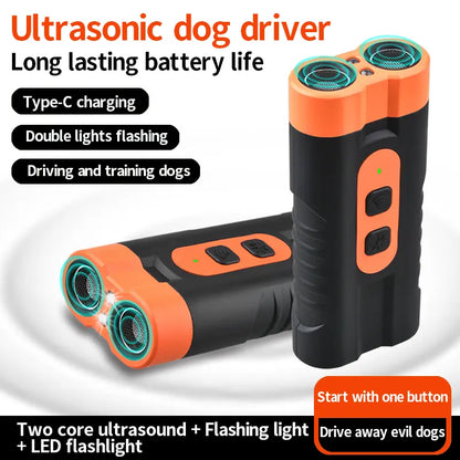 Dog Barking Deterrent Rechargeable, Anti-Barking Tool for Dogs, Ultrasonic Dual Emitter 50Ft Security Correction Tool Control Dog Barking 25Khz, Trainer Barking Silencer Indoor and Outdoor with Flashlight