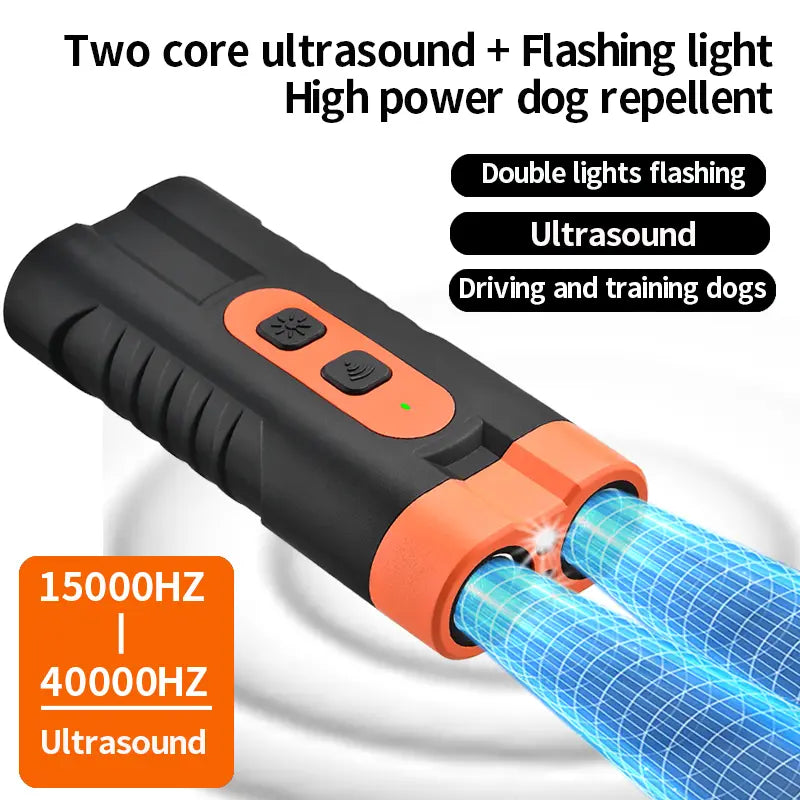 Dog Barking Deterrent Rechargeable, Anti-Barking Tool for Dogs, Ultrasonic Dual Emitter 50Ft Security Correction Tool Control Dog Barking 25Khz, Trainer Barking Silencer Indoor and Outdoor with Flashlight